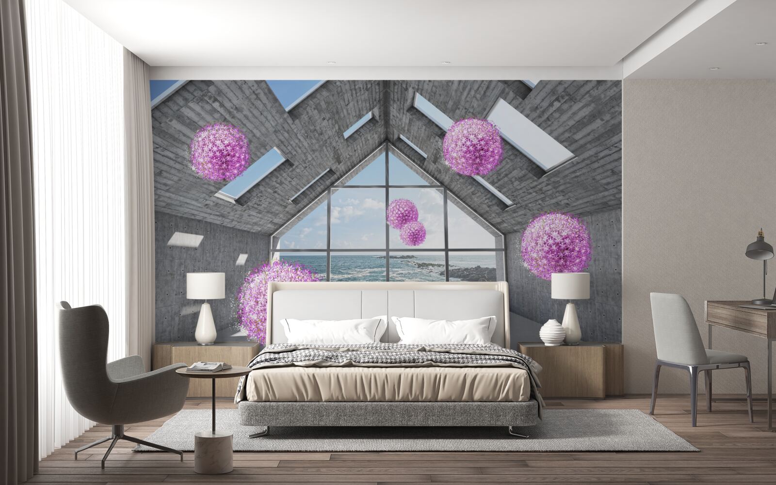 Fotobehang paarse ballen en een schilderachtig landschap buiten het raam