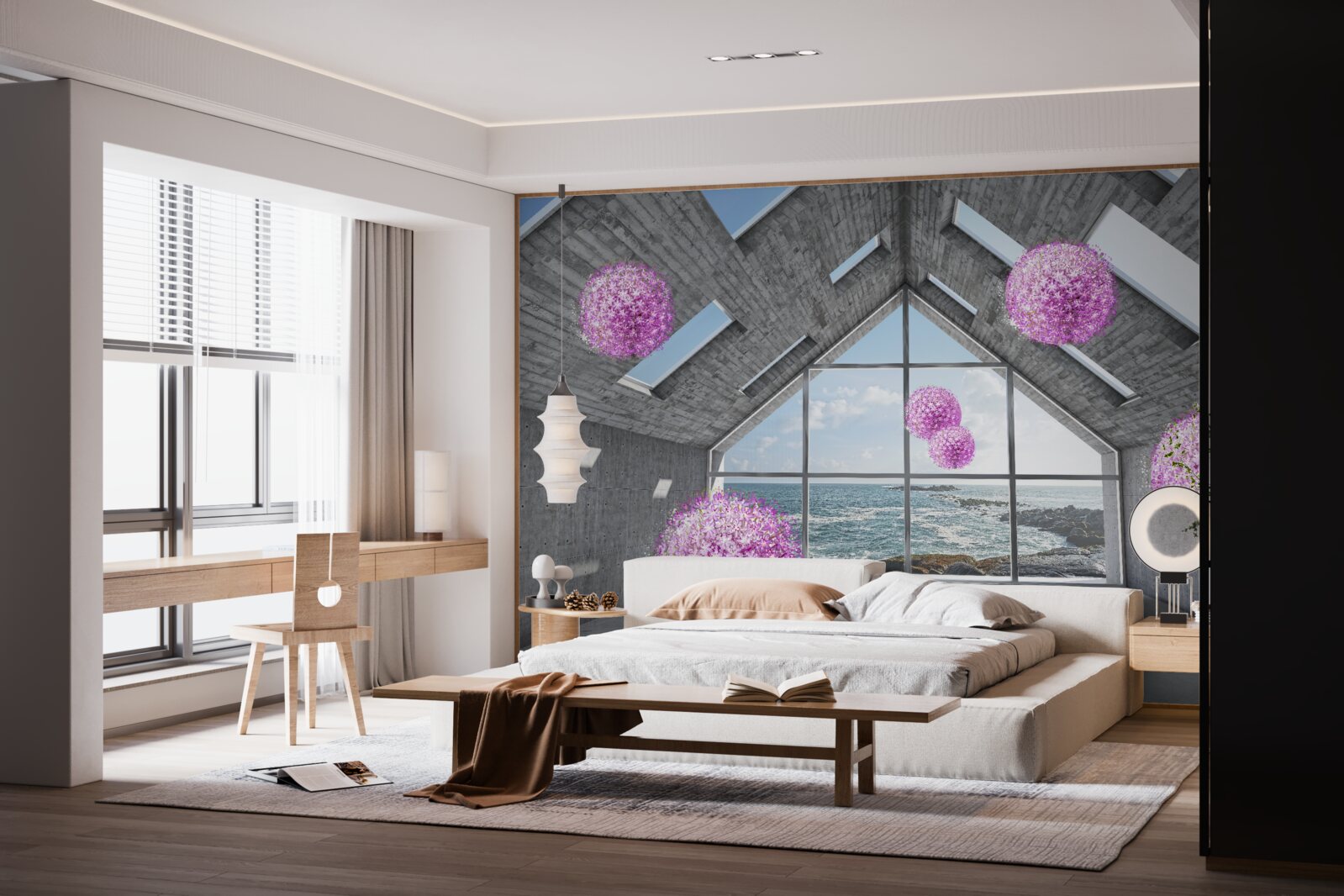 Fotobehang paarse ballen en een schilderachtig landschap buiten het raam