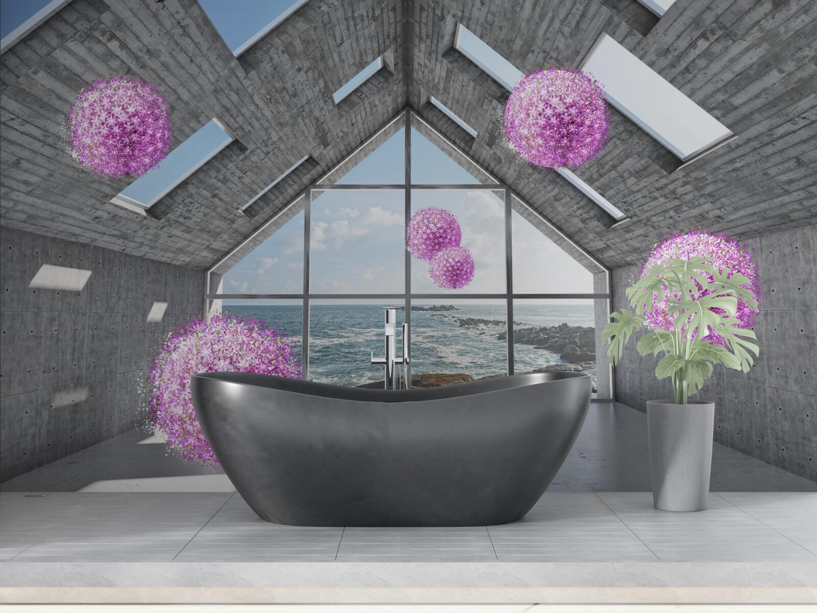 Fotobehang paarse ballen en een schilderachtig landschap buiten het raam