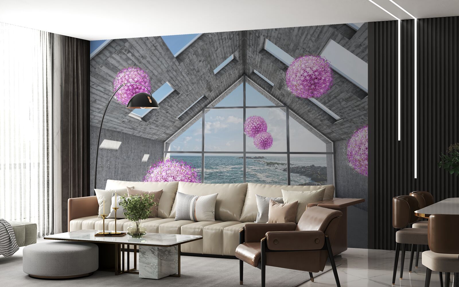 Fotobehang paarse ballen en een schilderachtig landschap buiten het raam