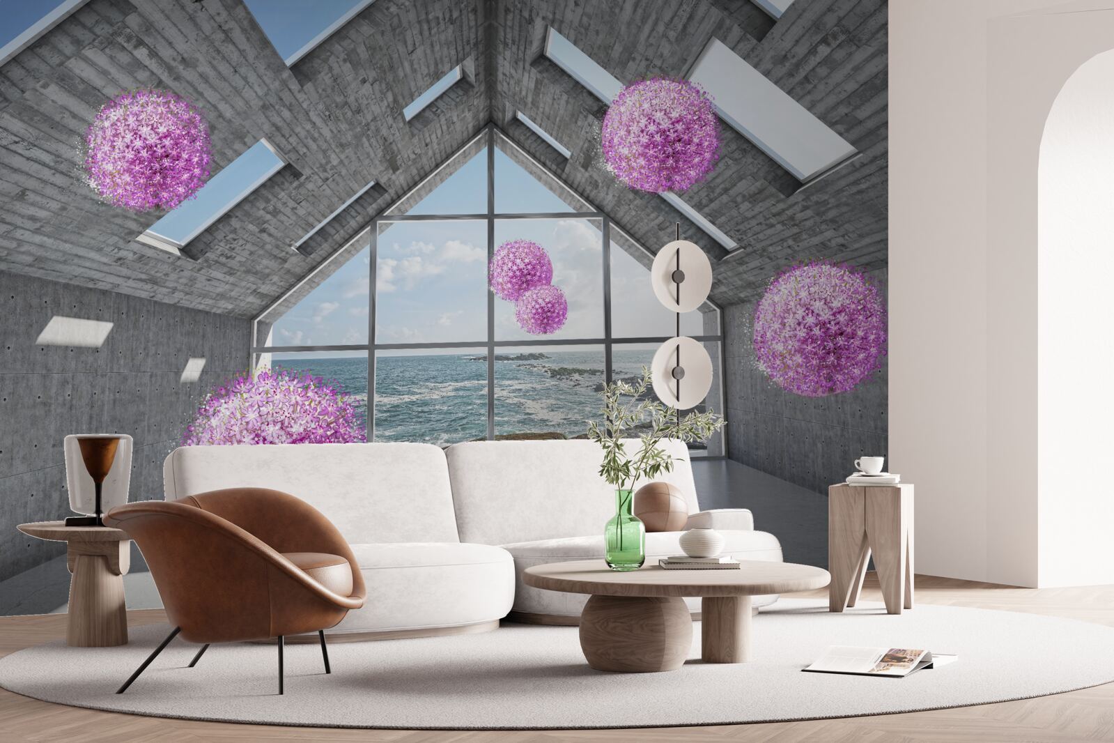 Fotobehang paarse ballen en een schilderachtig landschap buiten het raam