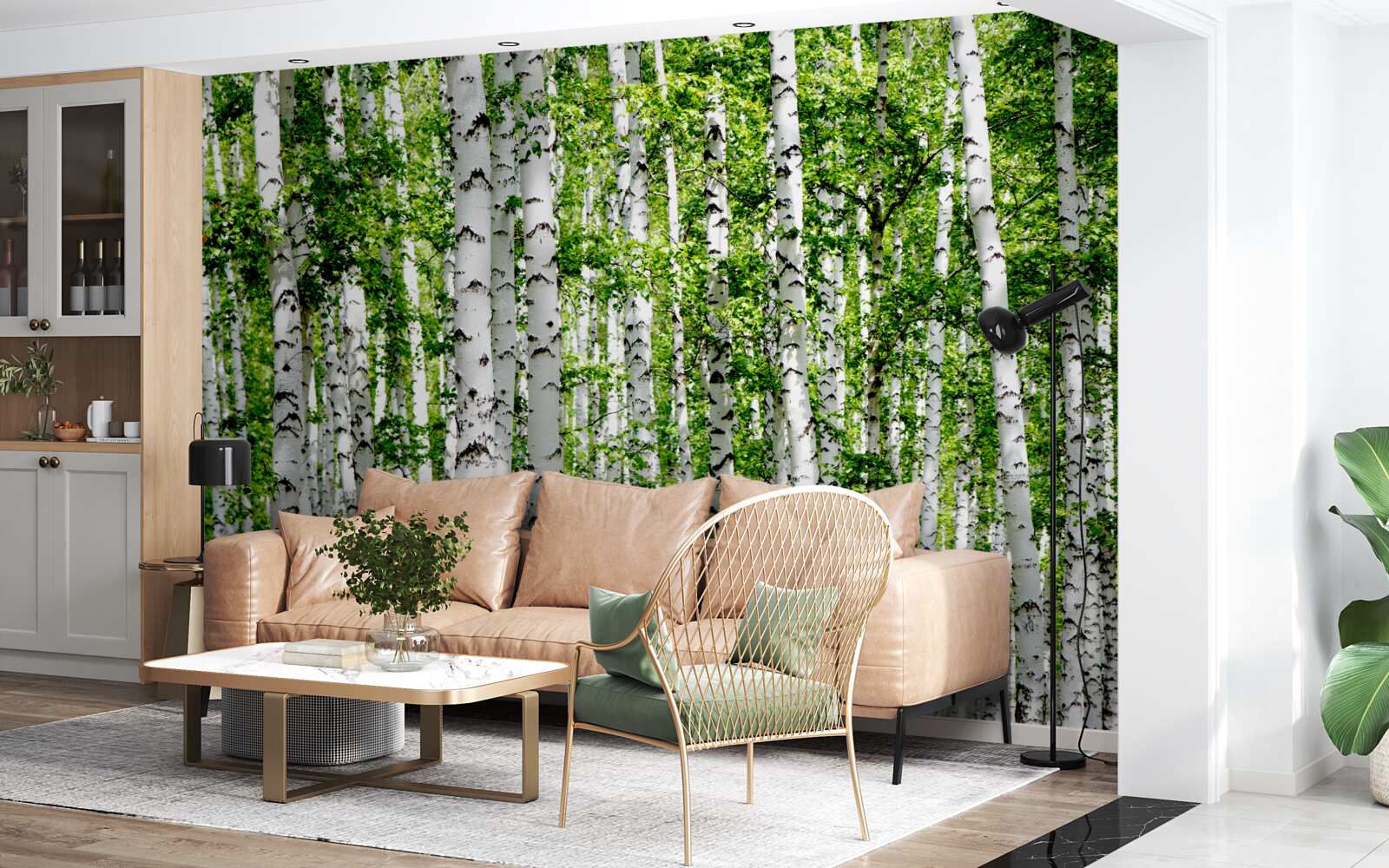 Fotobehang sierlijke berken met groene bladeren