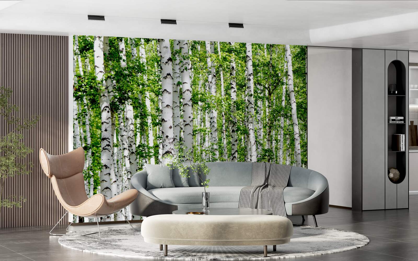 Fotobehang sierlijke berken met groene bladeren