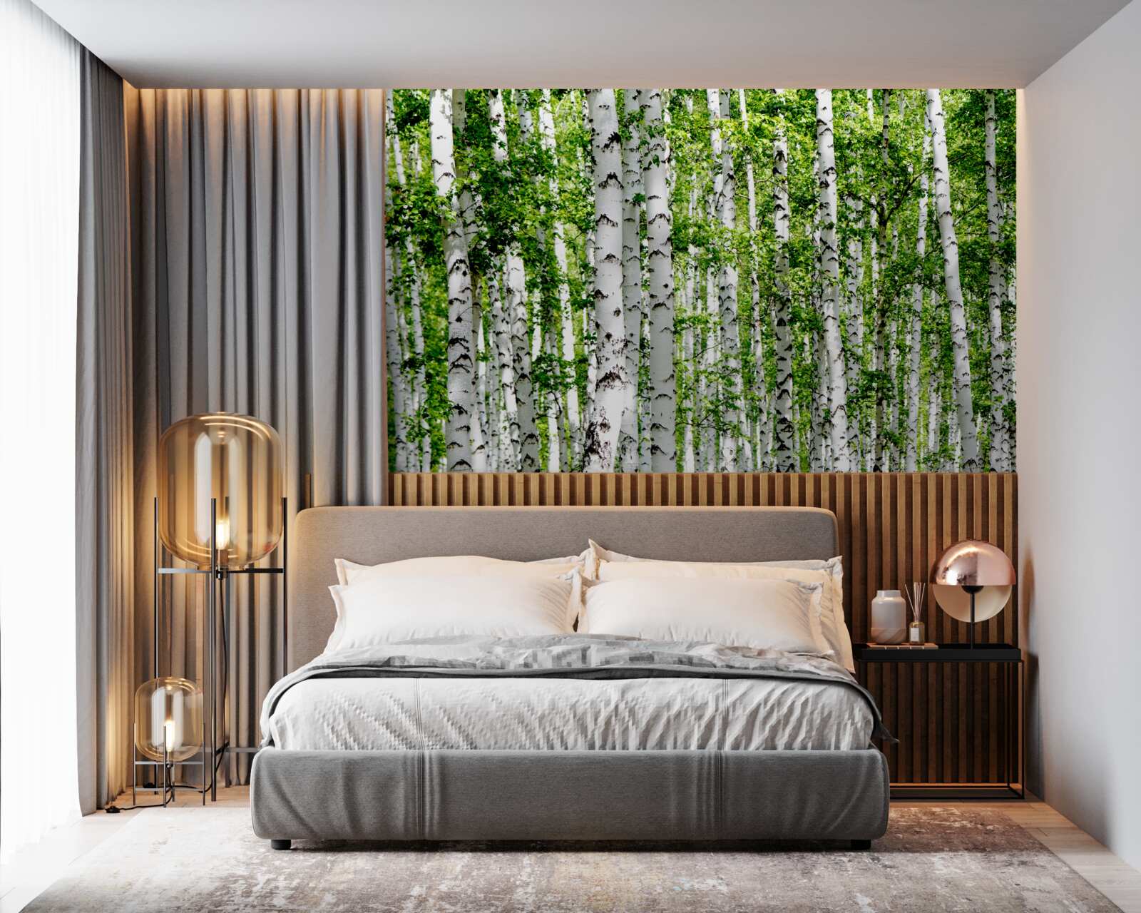 Fotobehang sierlijke berken met groene bladeren