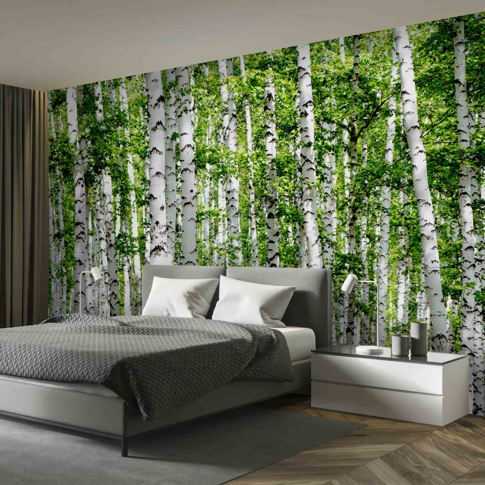 Fotobehang sierlijke berken met groene bladeren