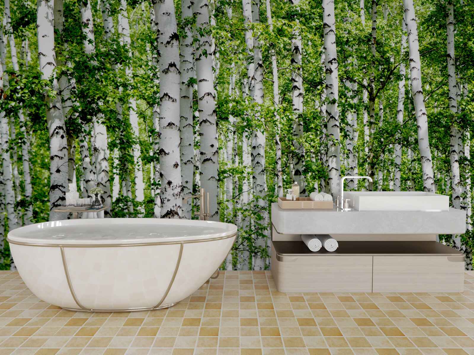 Fotobehang sierlijke berken met groene bladeren