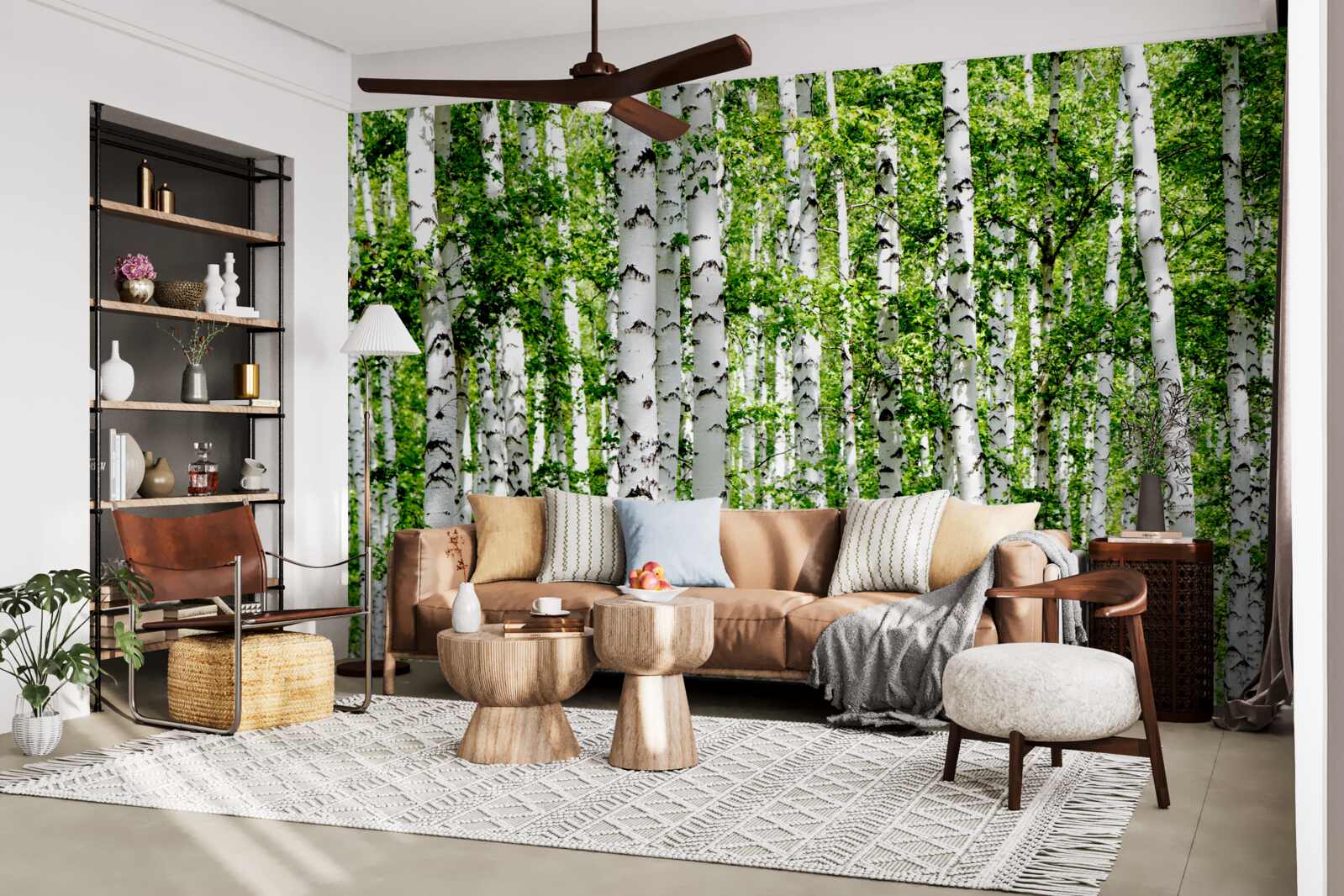 Fotobehang sierlijke berken met groene bladeren