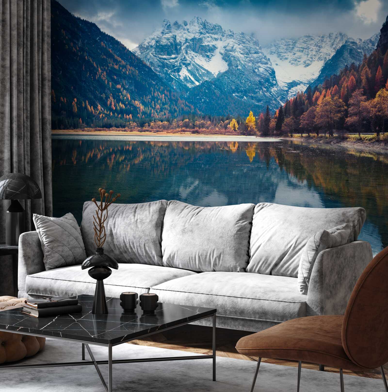 Fotobehang majestueuze pieken en stromende rivier