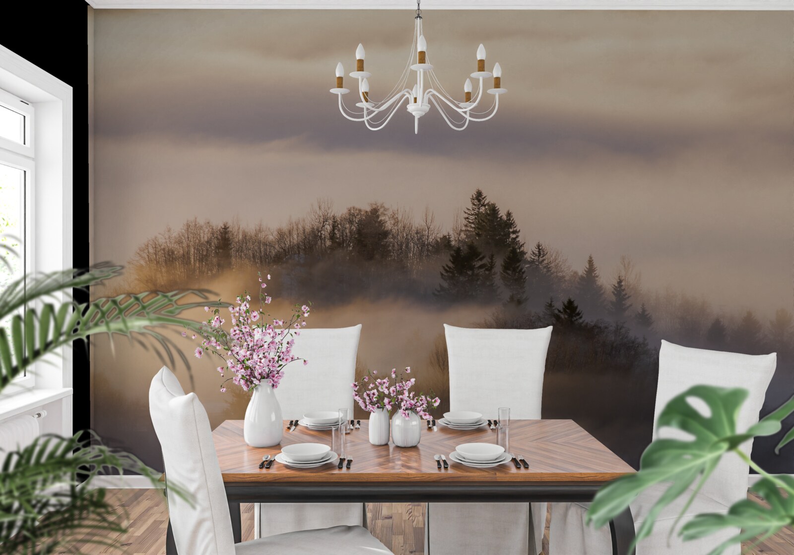 Fotobehang dichte mist tussen de bomen