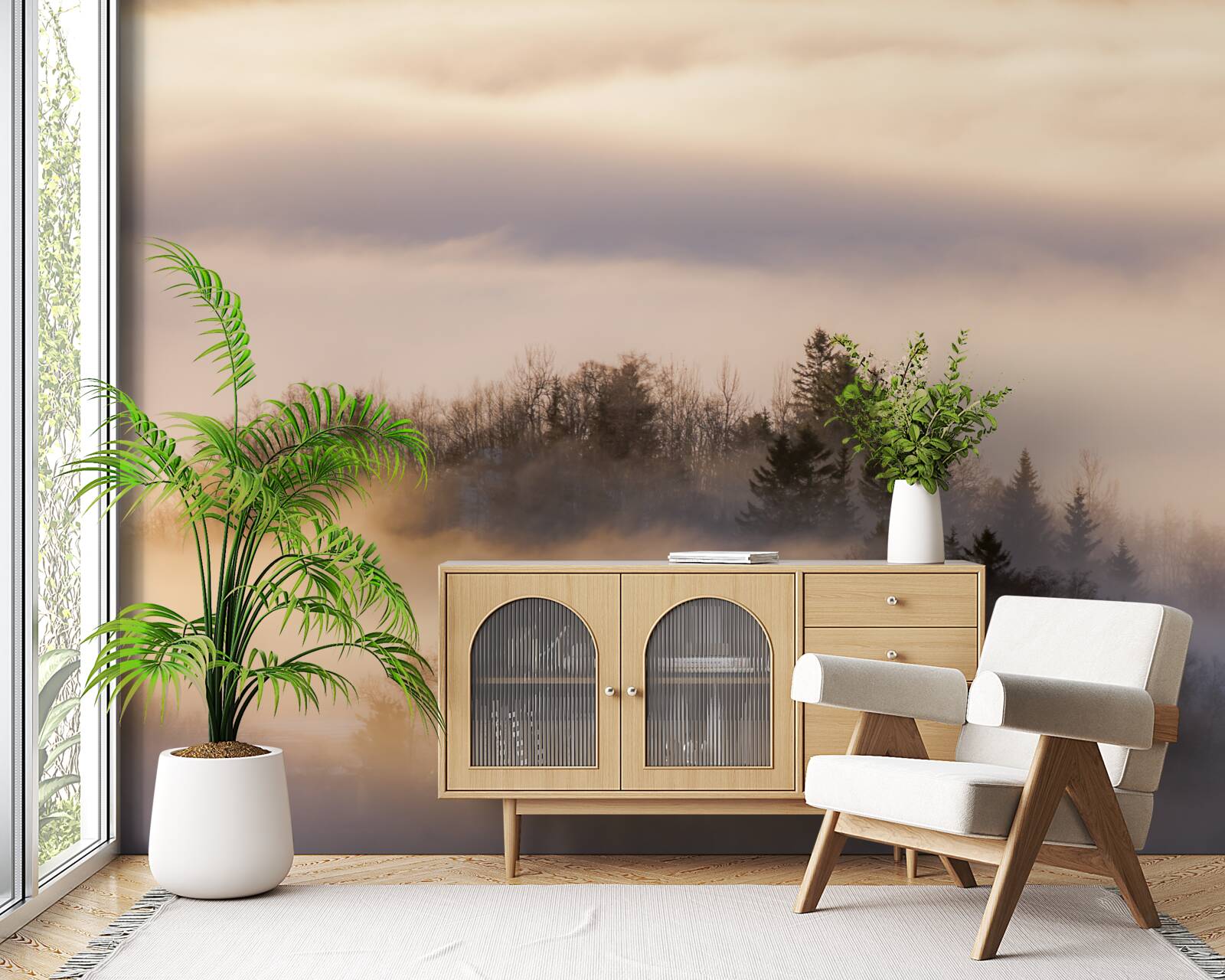 Fotobehang dichte mist tussen de bomen