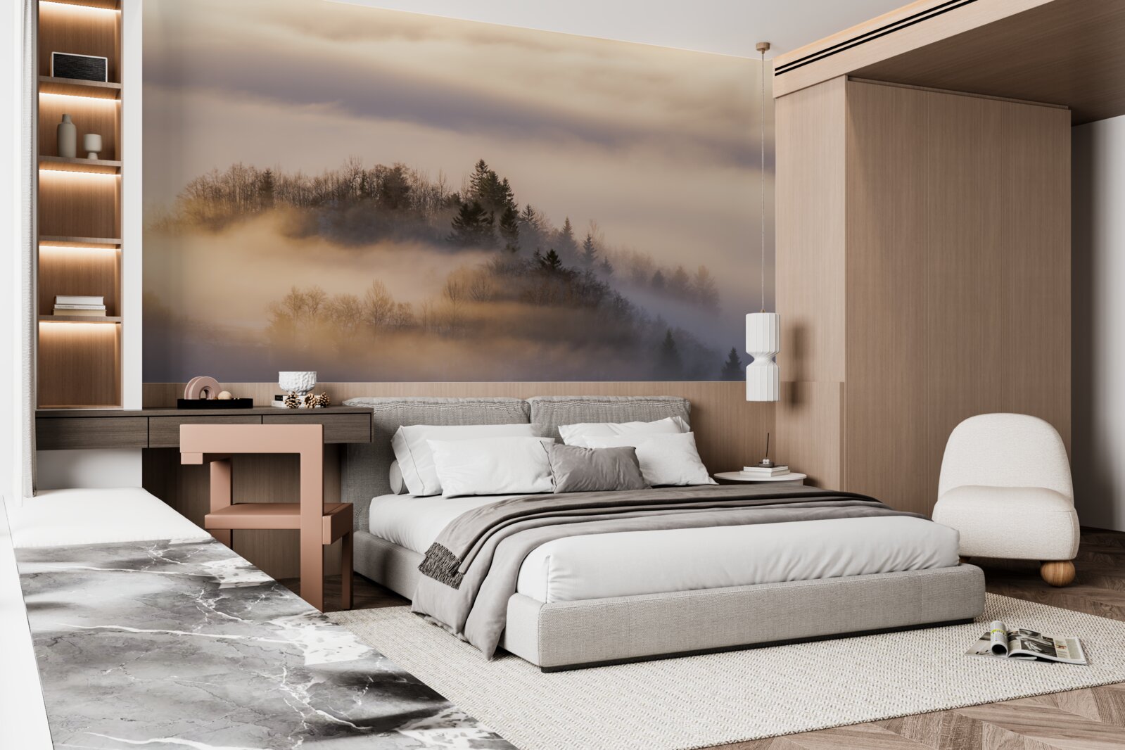 Fotobehang dichte mist tussen de bomen