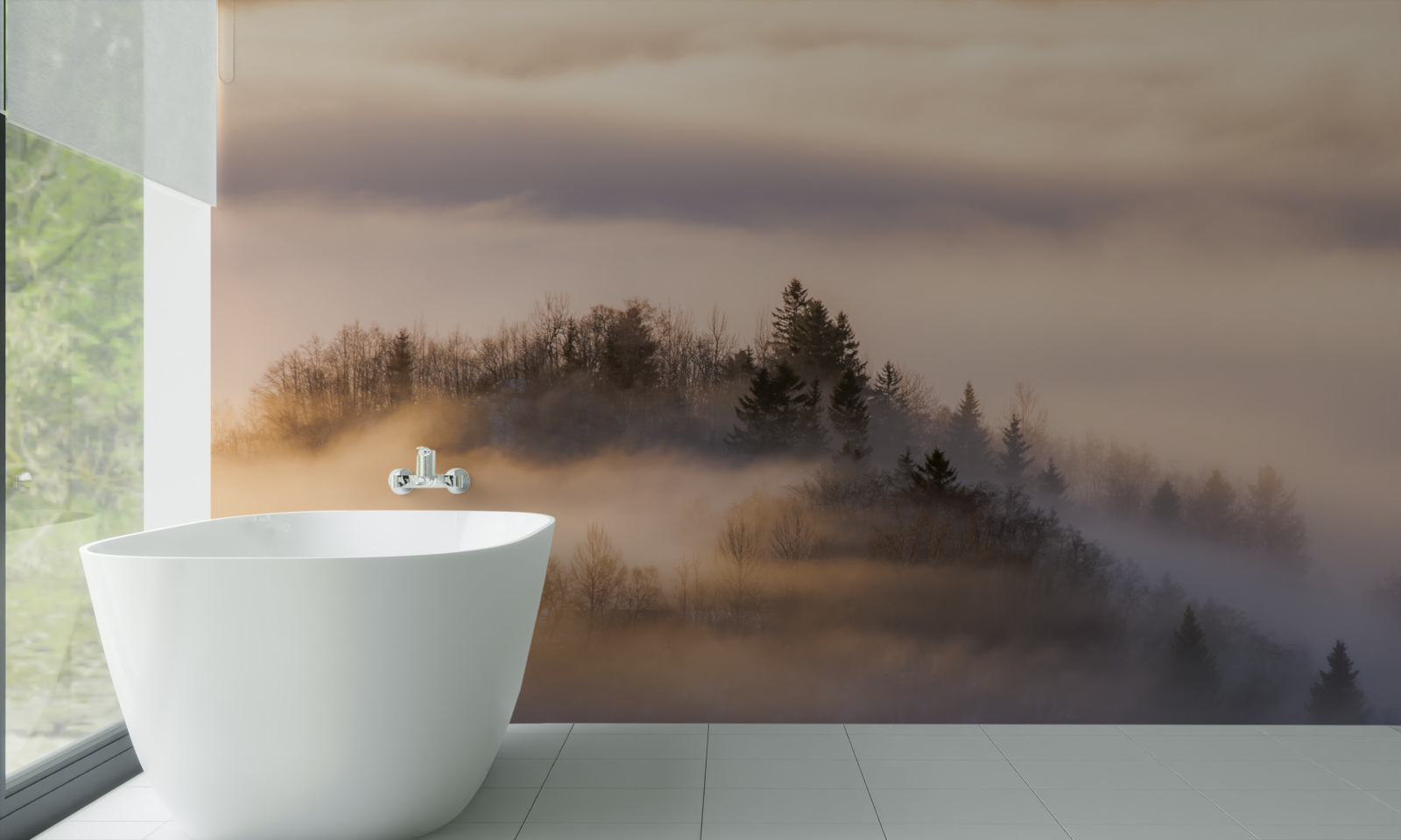 Fotobehang dichte mist tussen de bomen