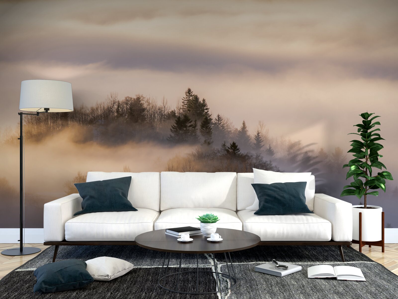 Fotobehang dichte mist tussen de bomen