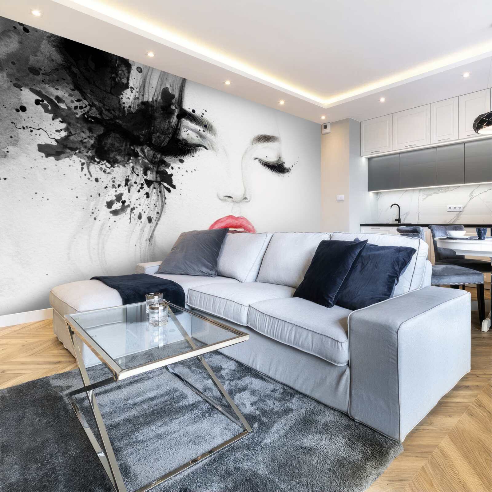 Fotobehang beeld van een meisje met gesloten ogen en felrode lippen