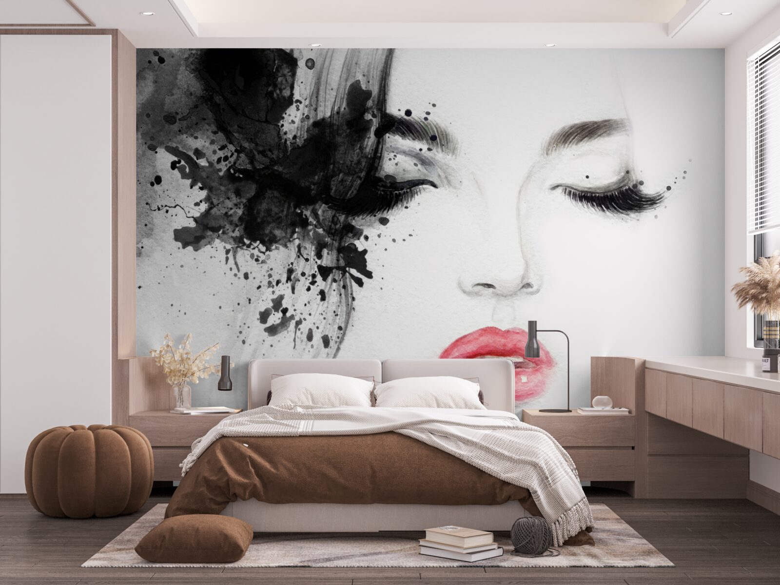 Fotobehang beeld van een meisje met gesloten ogen en felrode lippen