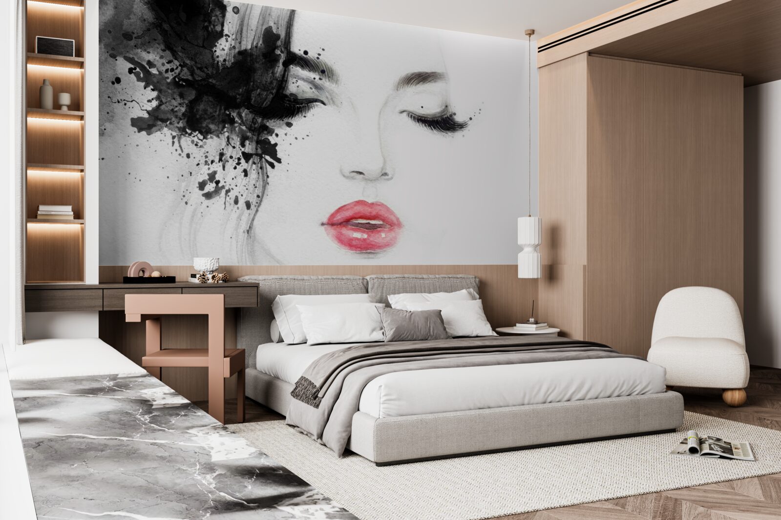 Fotobehang beeld van een meisje met gesloten ogen en felrode lippen