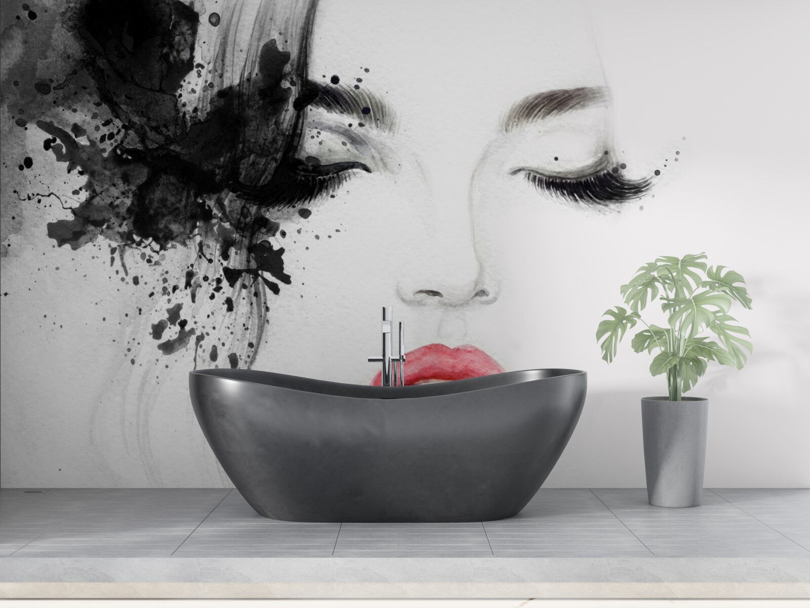 Fotobehang beeld van een meisje met gesloten ogen en felrode lippen