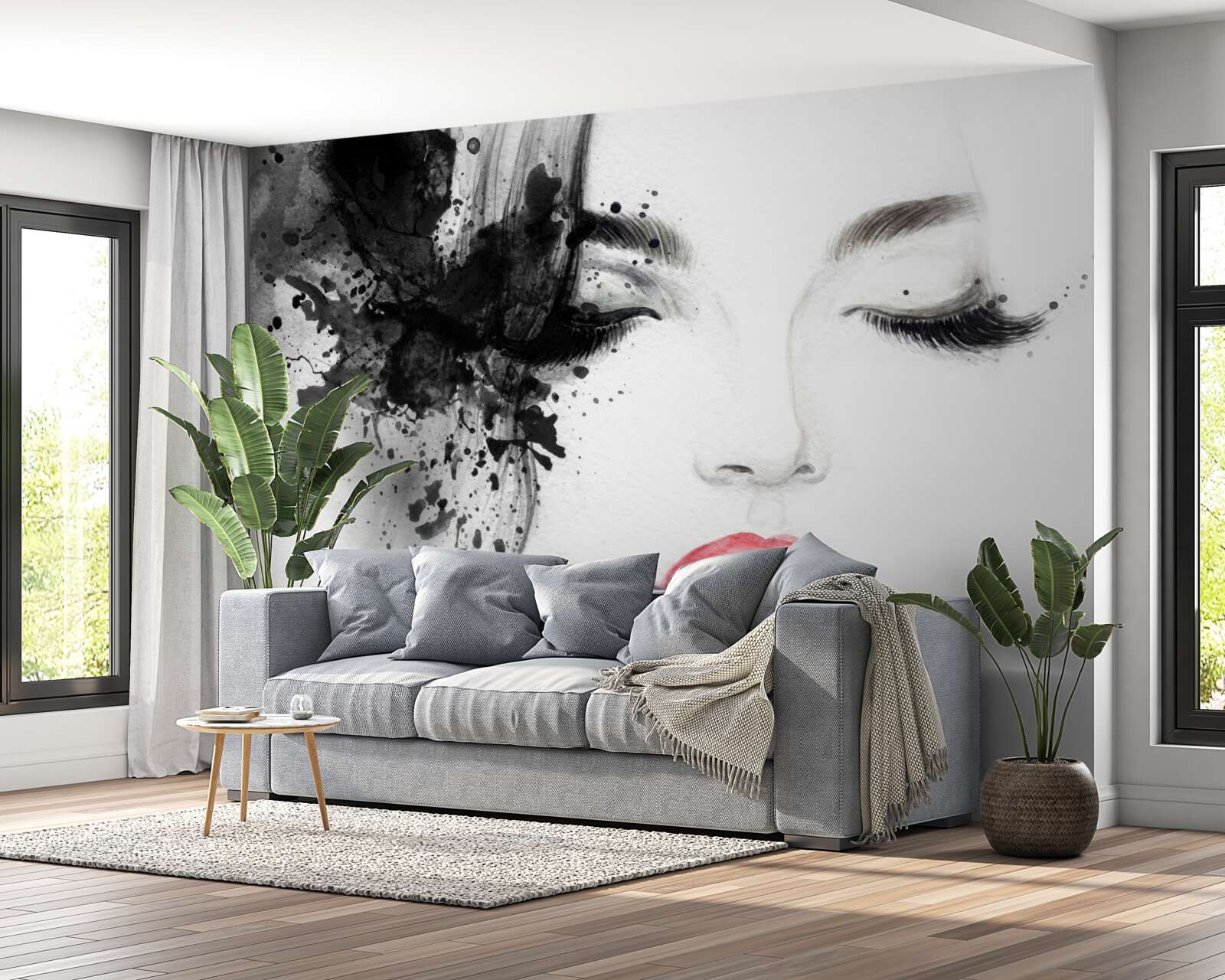 Fotobehang beeld van een meisje met gesloten ogen en felrode lippen