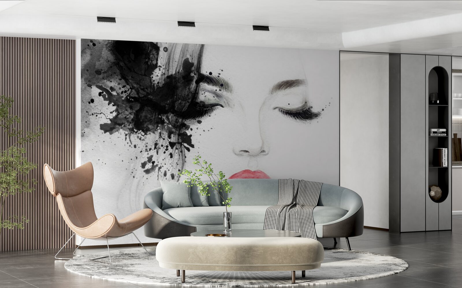 Fotobehang beeld van een meisje met gesloten ogen en felrode lippen