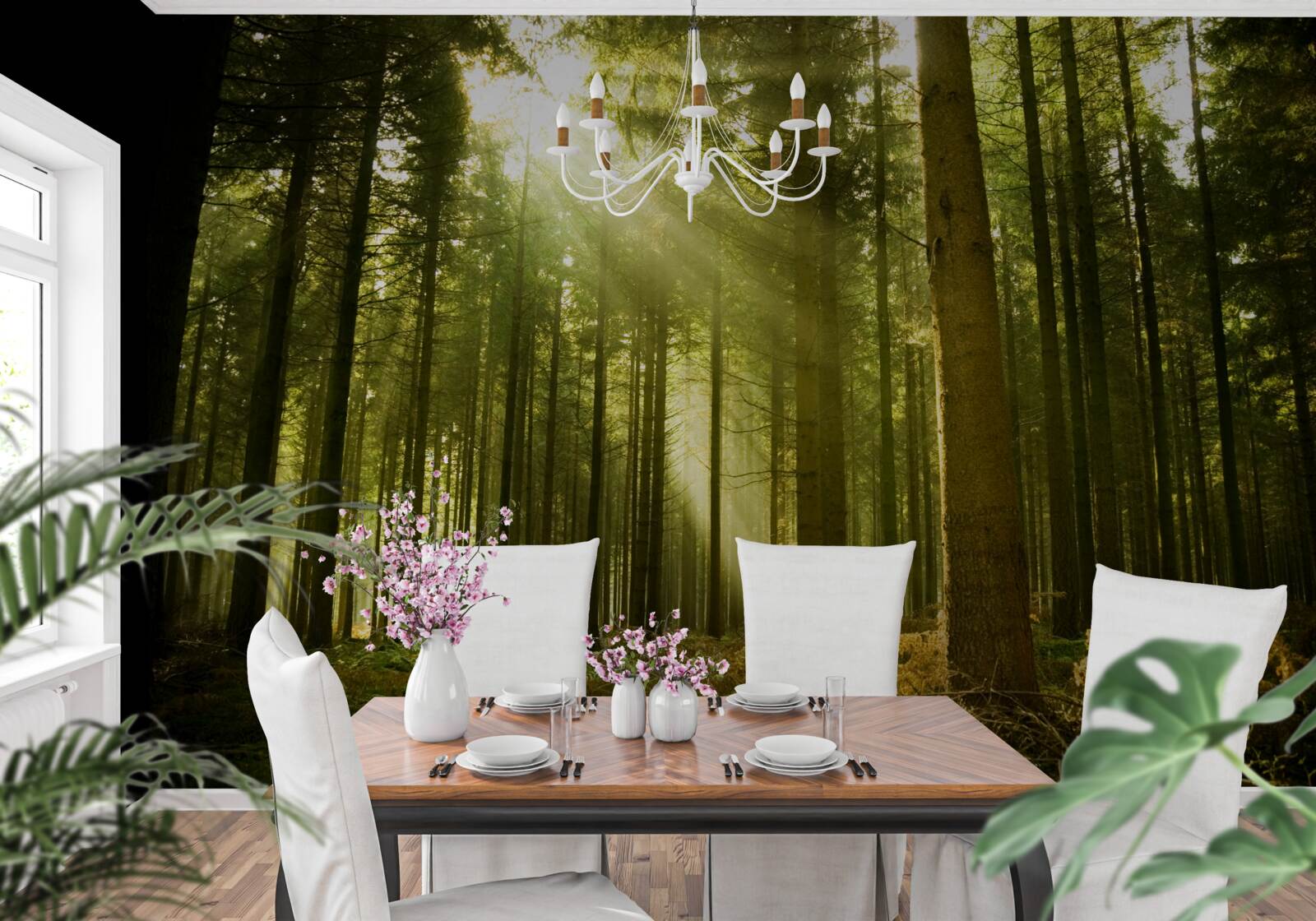 Fotobehang de zonnestralen verlichten het bos