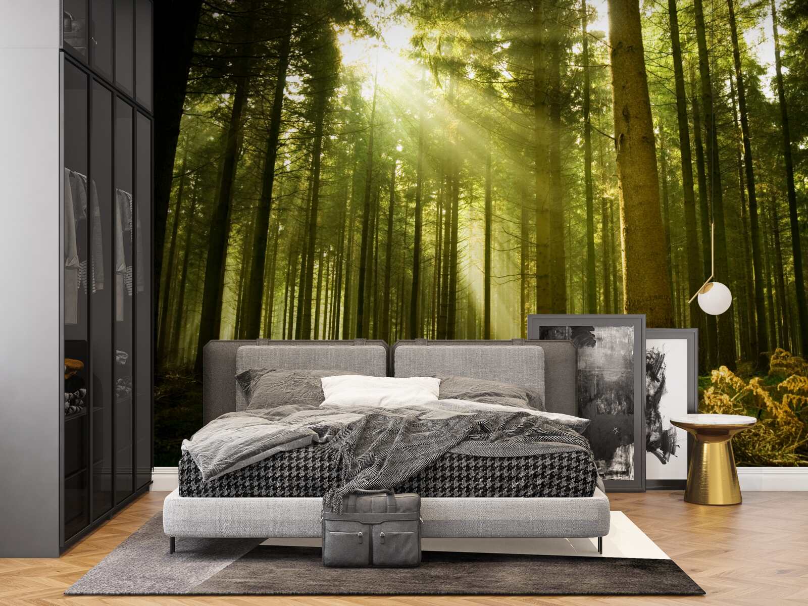 Fotobehang de zonnestralen verlichten het bos