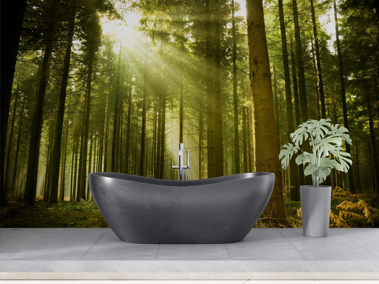 Fotobehang de zonnestralen verlichten het bos