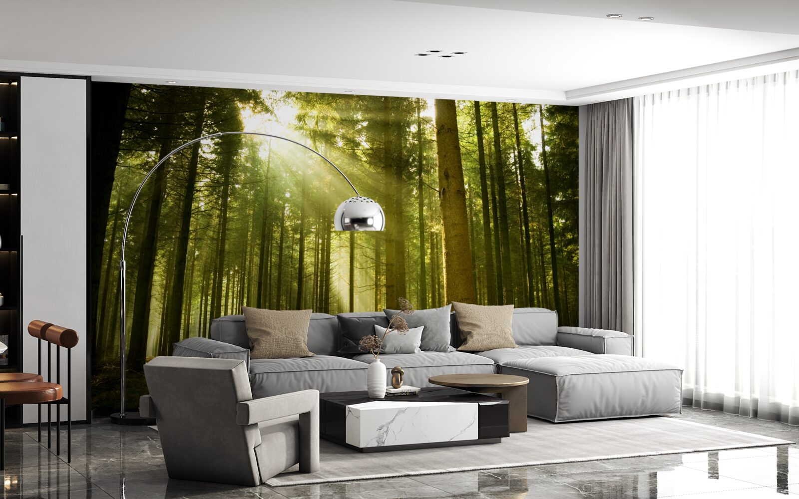 Fotobehang de zonnestralen verlichten het bos