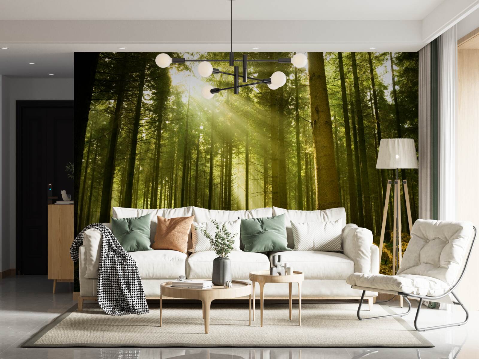 Fotobehang de zonnestralen verlichten het bos