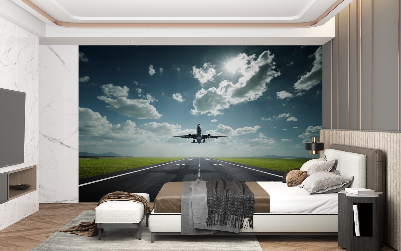 Fotobehang het vliegtuig opstijgt van de startbaan