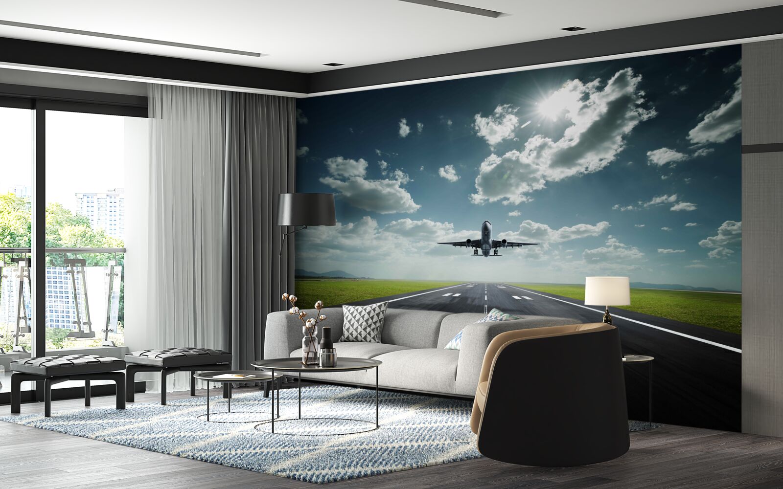 Fotobehang het vliegtuig opstijgt van de startbaan