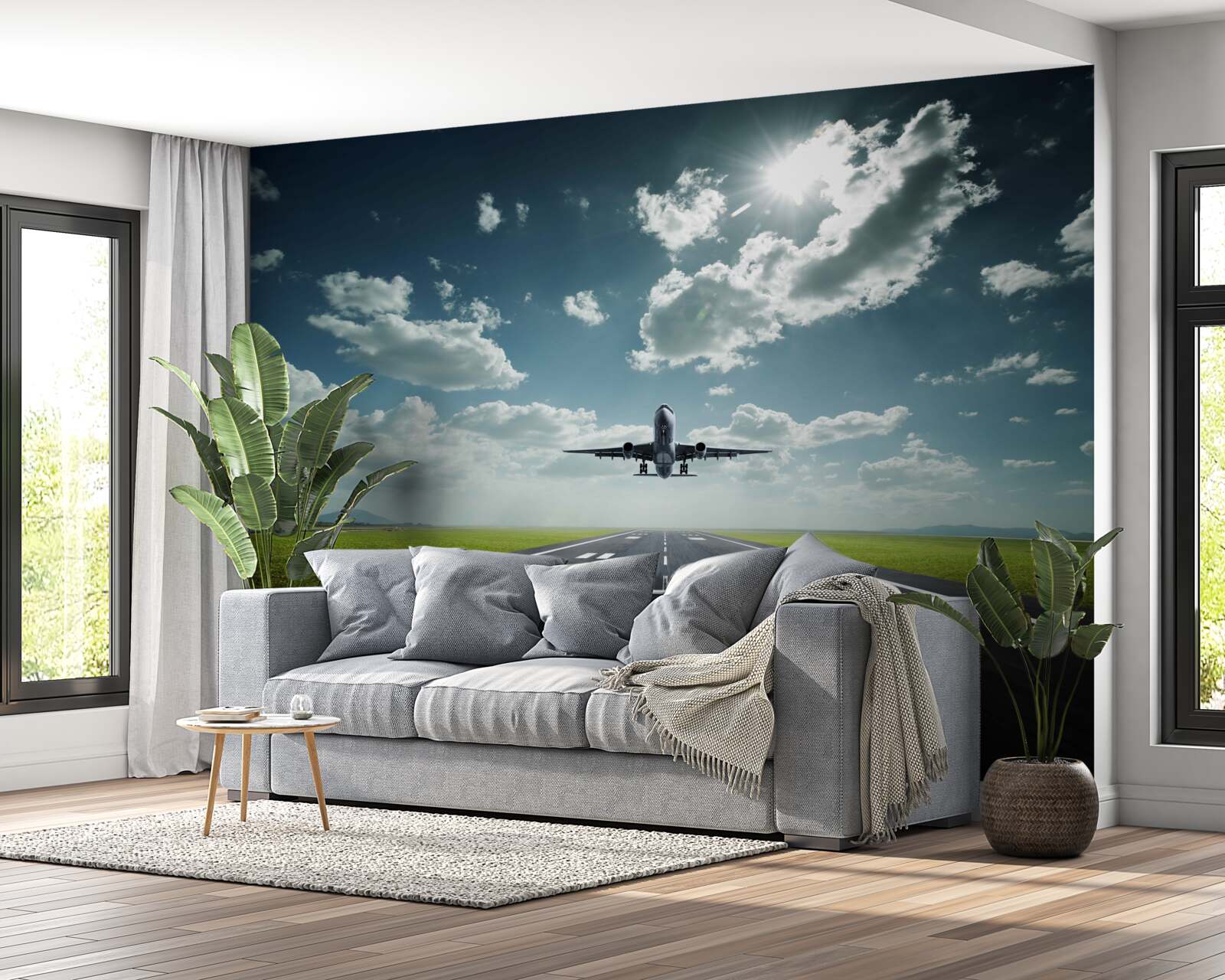 Fotobehang het vliegtuig opstijgt van de startbaan