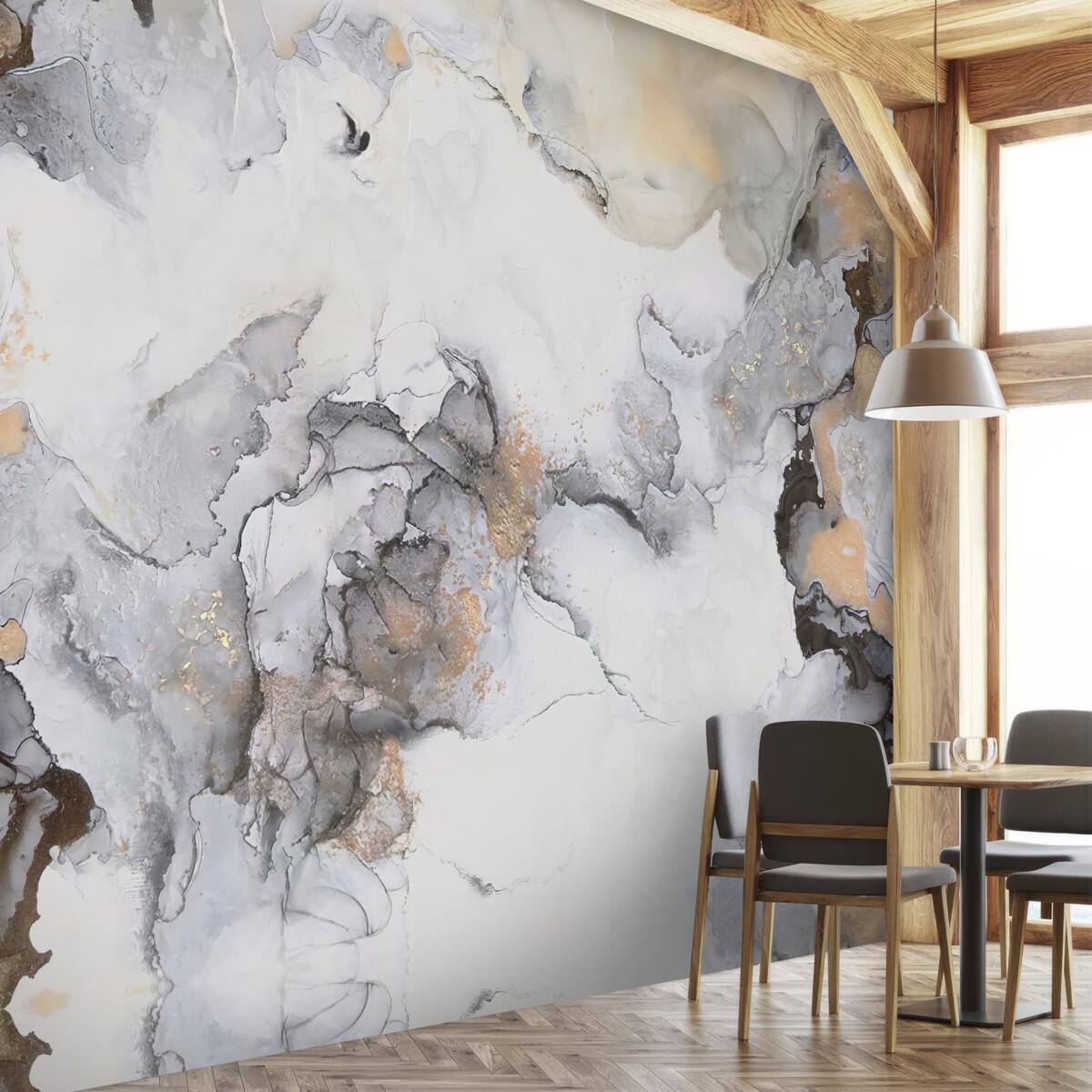 Fotobehang abstract in tinten wit, grijs en goud