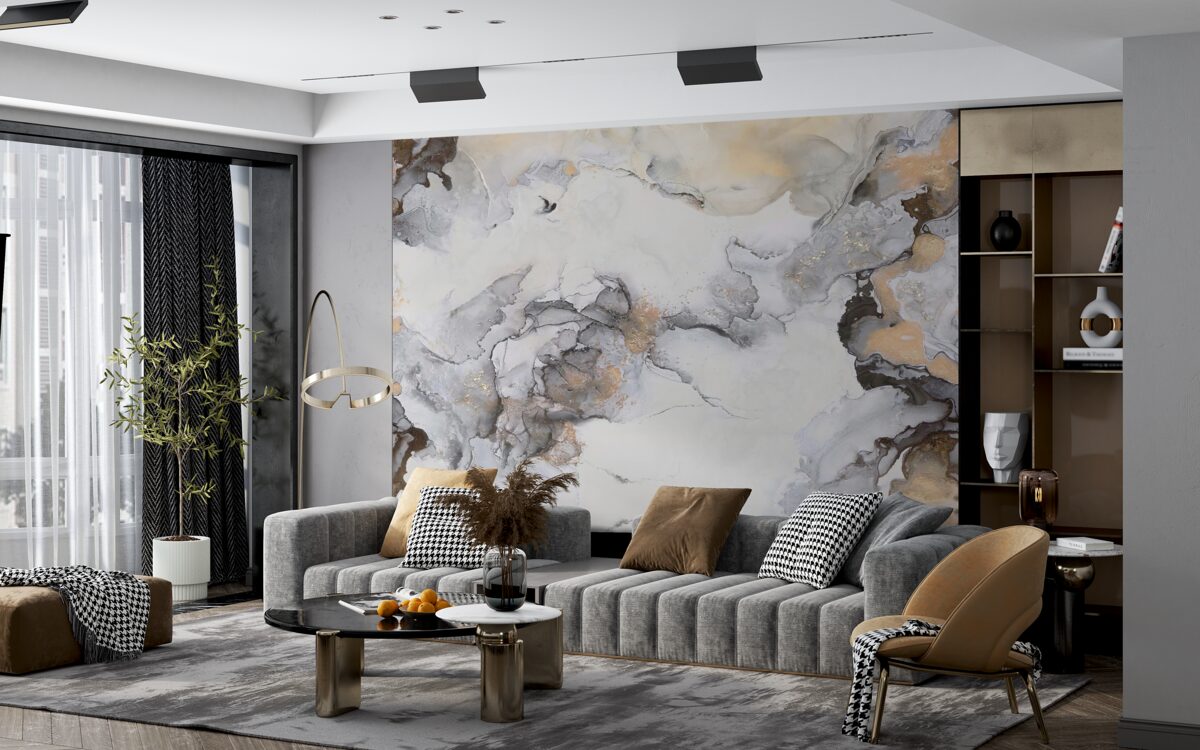 Fotobehang abstract in tinten wit, grijs en goud