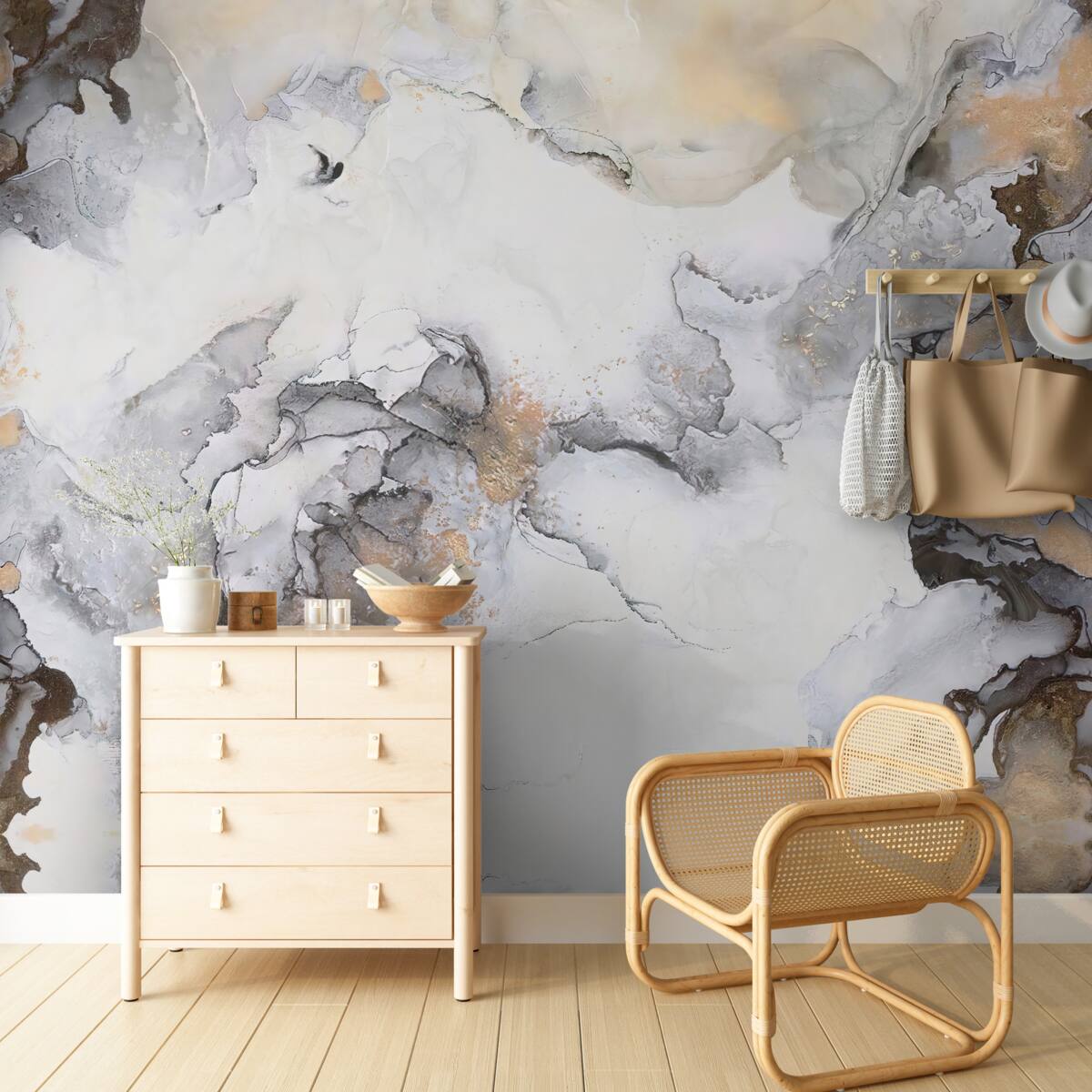 Fotobehang abstract in tinten wit, grijs en goud