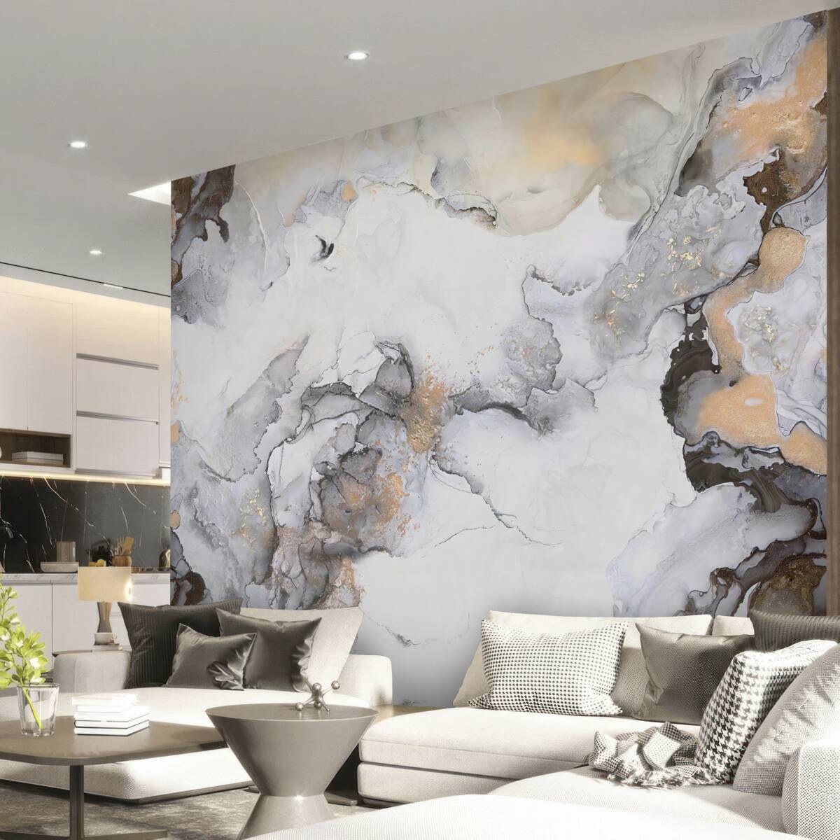 Fotobehang abstract in tinten wit, grijs en goud