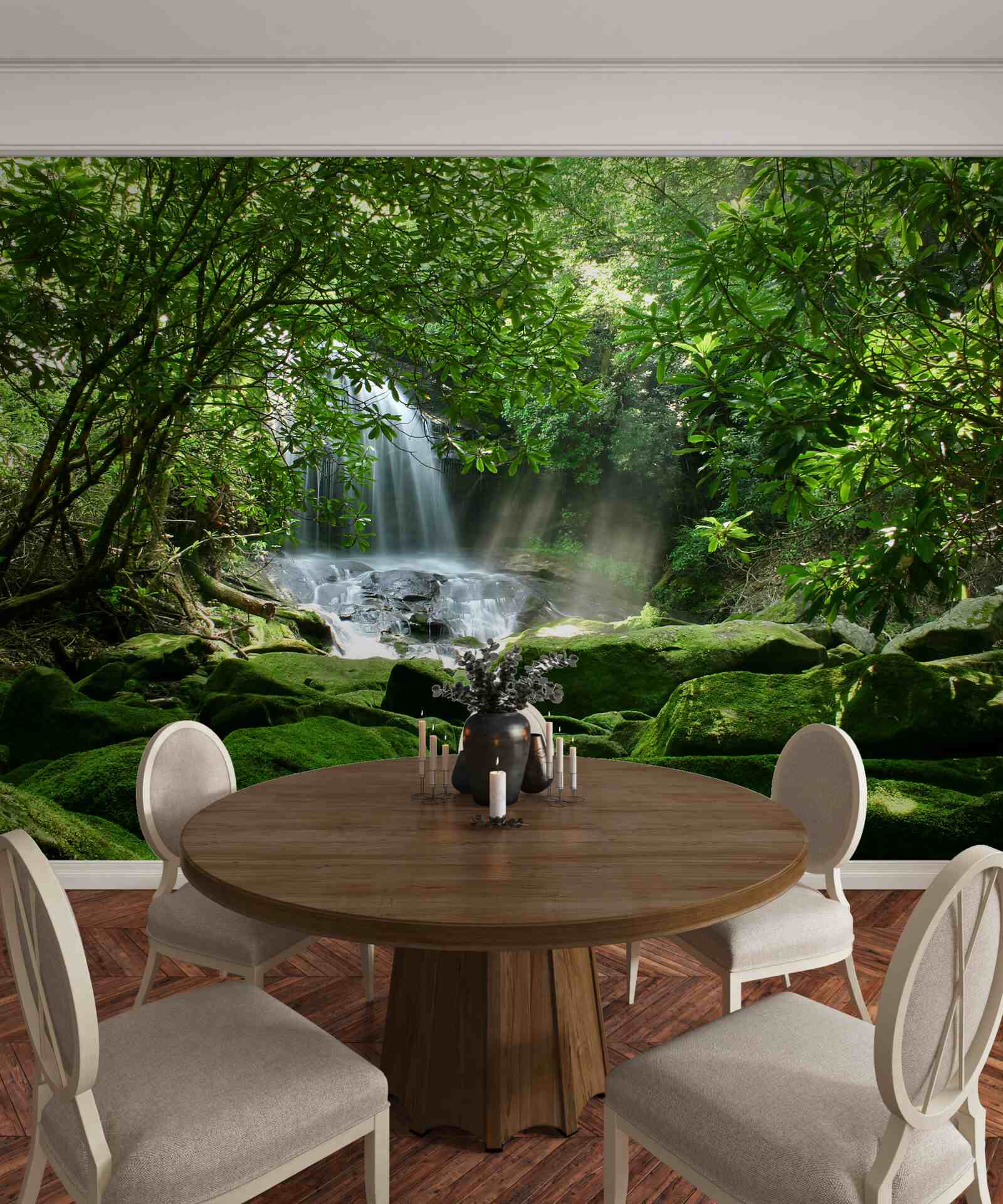 Fotobehang waterval omringd door weelderig groen en bomen