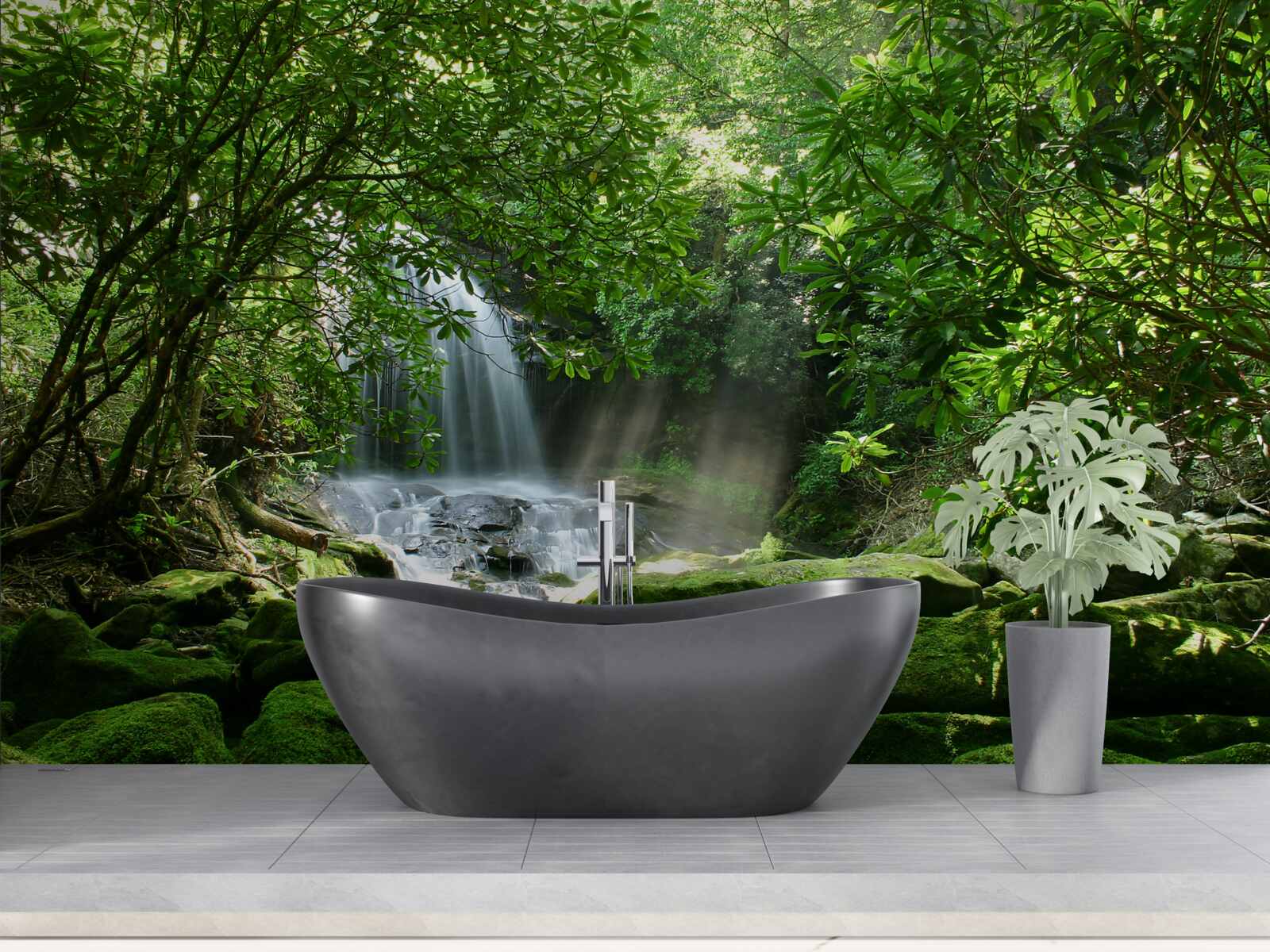 Fotobehang waterval omringd door weelderig groen en bomen