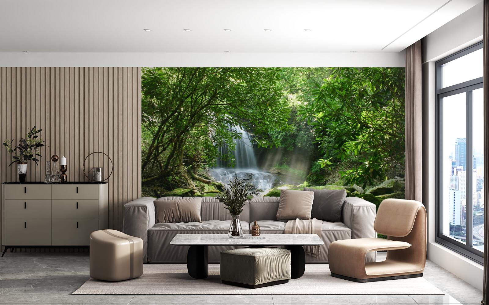 Fotobehang waterval omringd door weelderig groen en bomen