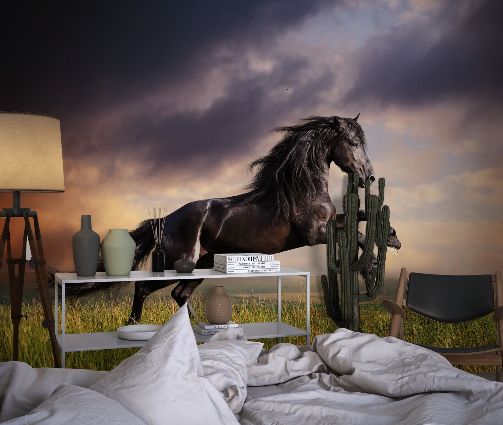 Fotobehang paard galoppeert tegen een donkere lucht