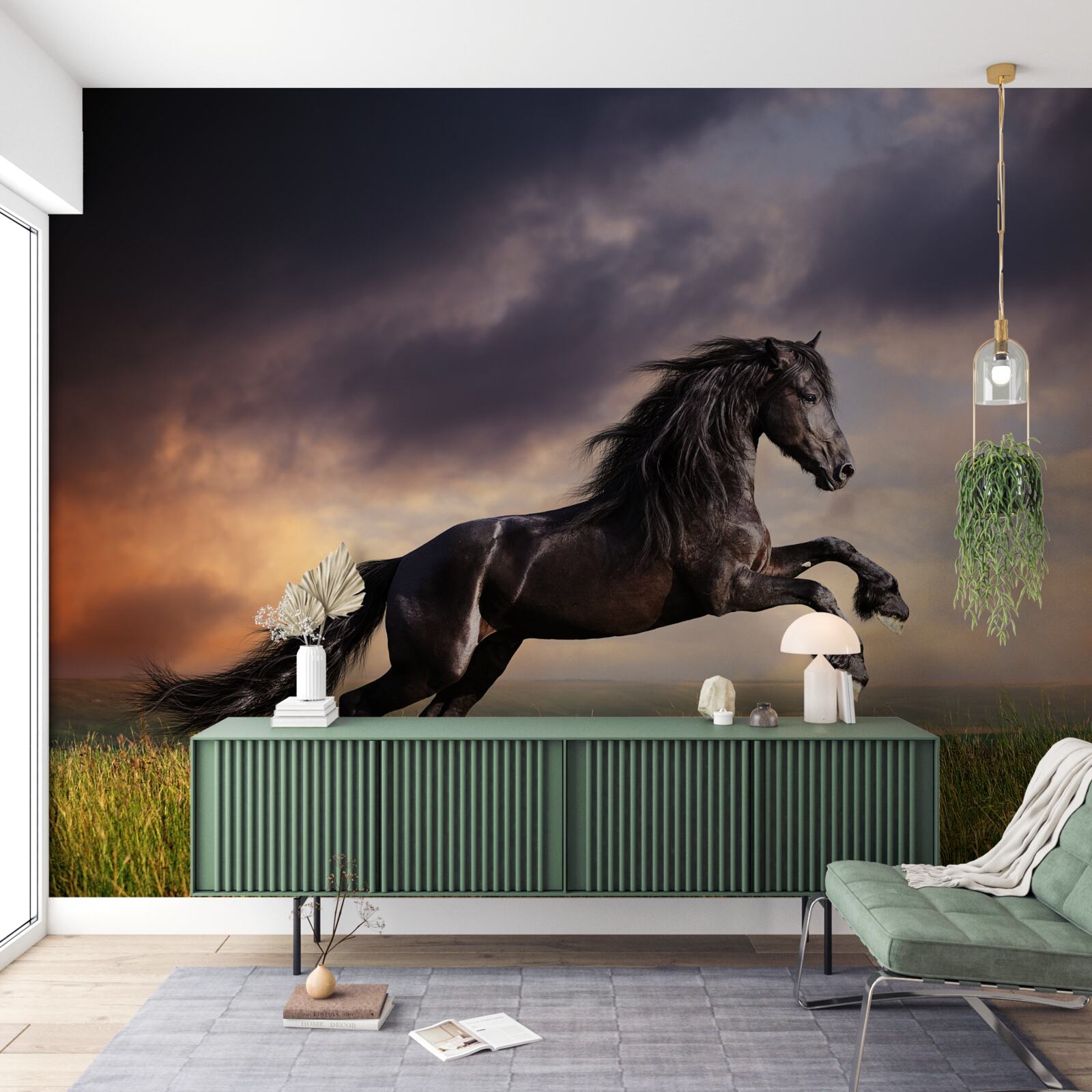 Fotobehang paard galoppeert tegen een donkere lucht