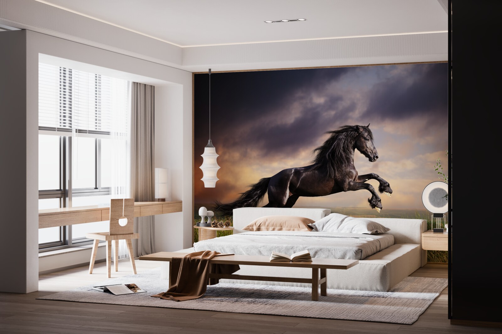 Fotobehang paard galoppeert tegen een donkere lucht