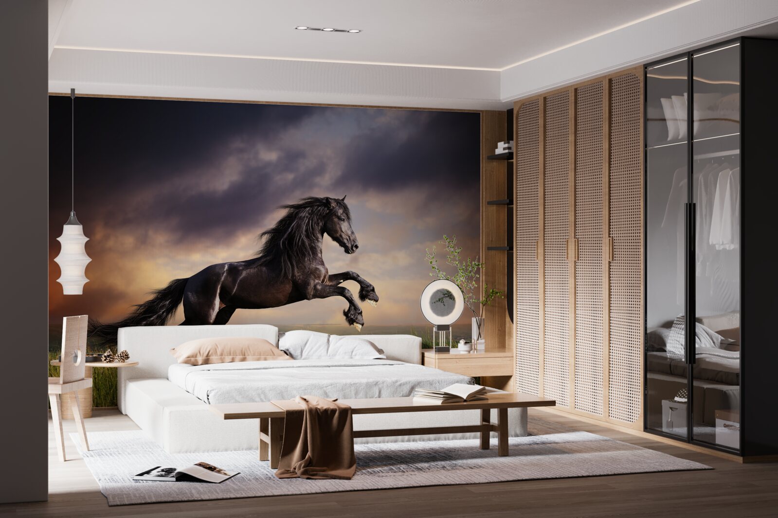 Fotobehang paard galoppeert tegen een donkere lucht