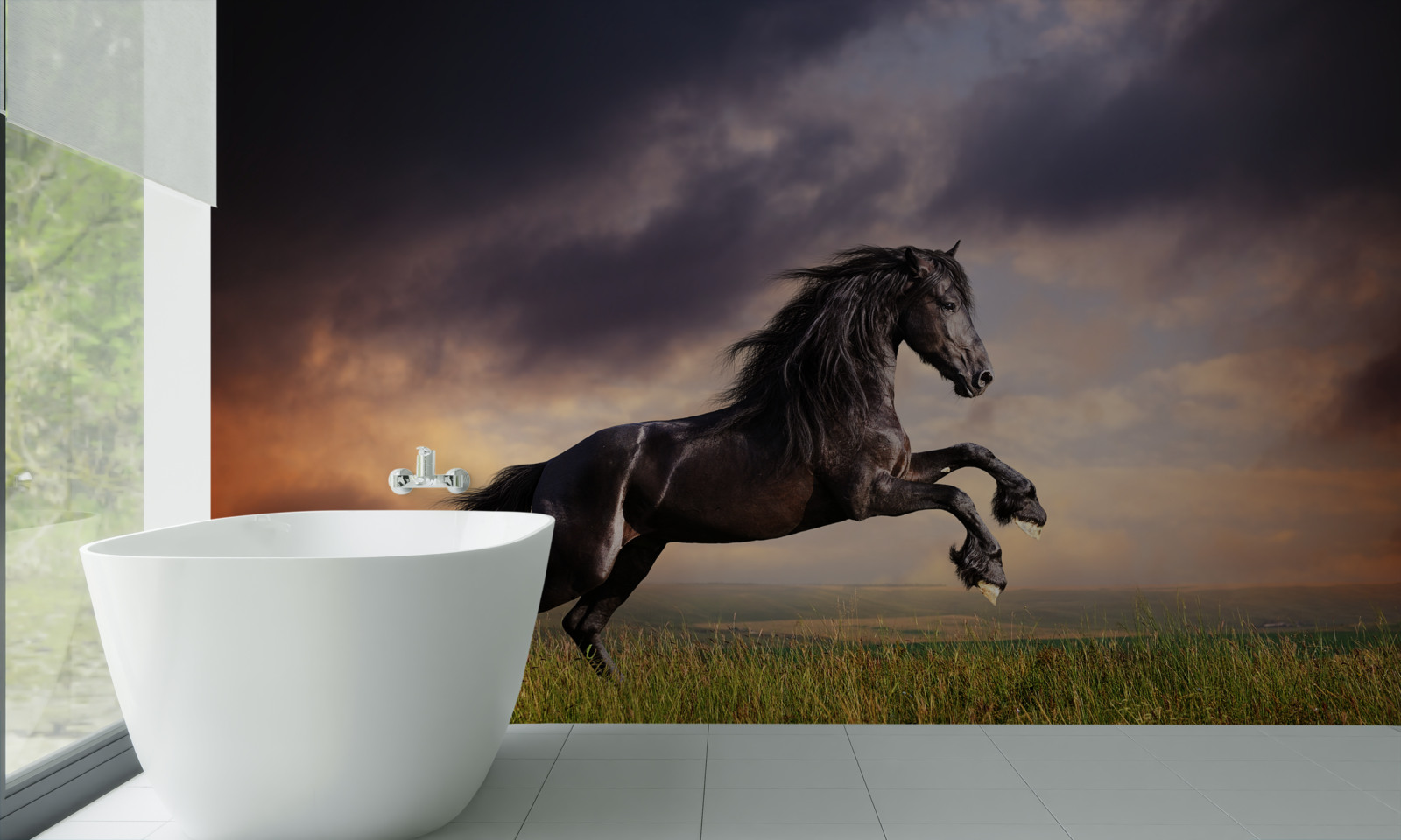 Fotobehang paard galoppeert tegen een donkere lucht