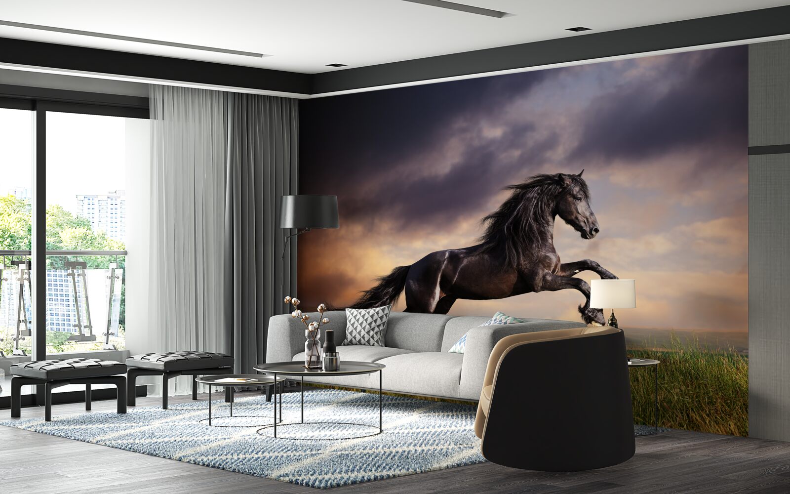 Fotobehang paard galoppeert tegen een donkere lucht