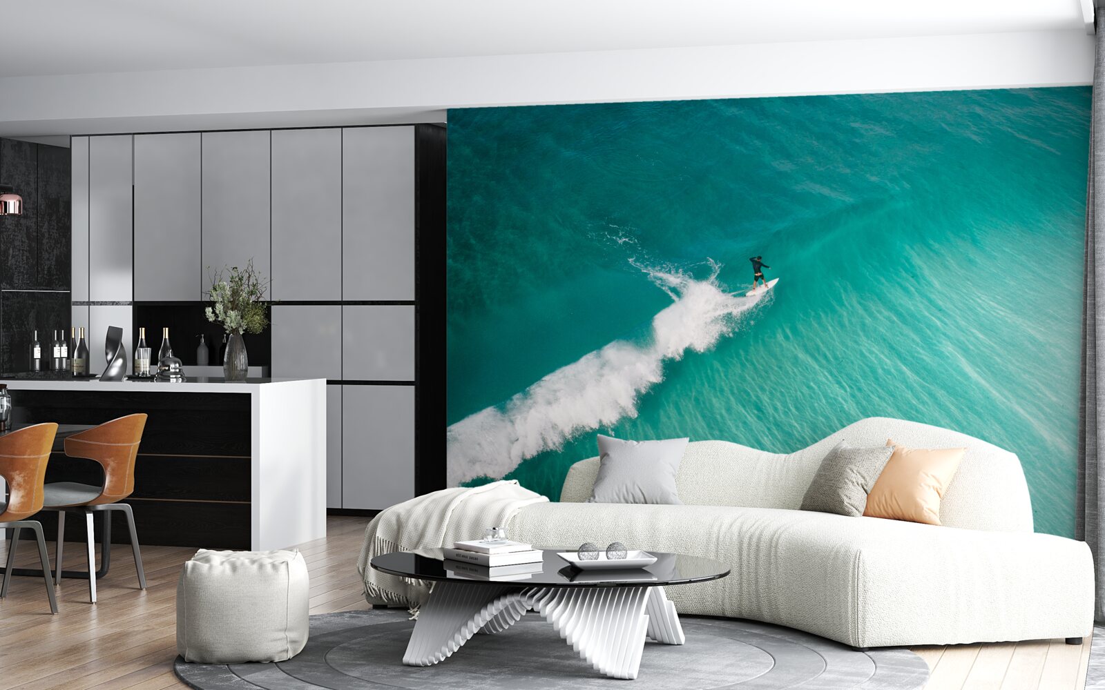 Fotobehang een eenzame surfer in de uitgestrektheid van de oceaan