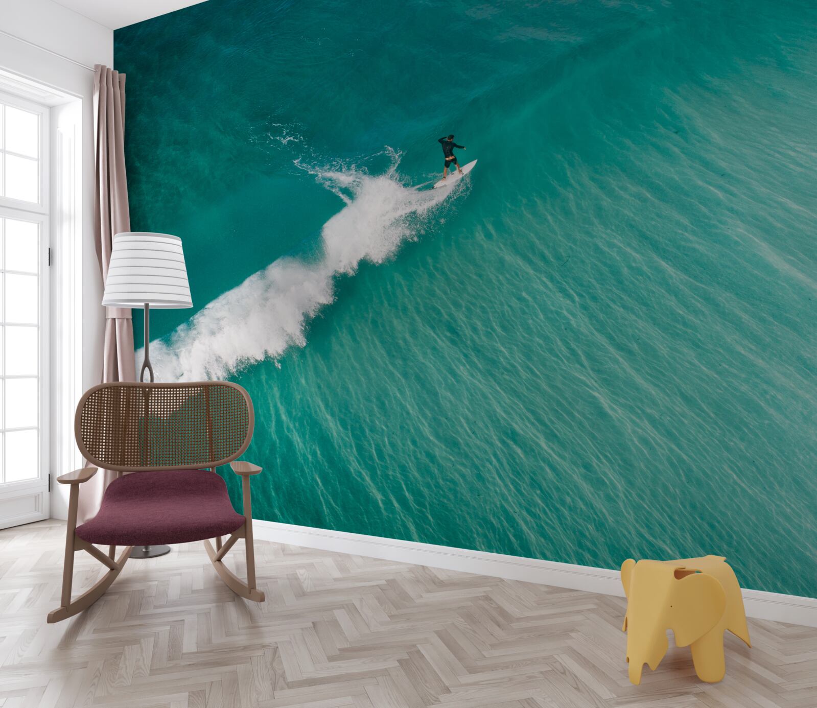 Fotobehang een eenzame surfer in de uitgestrektheid van de oceaan