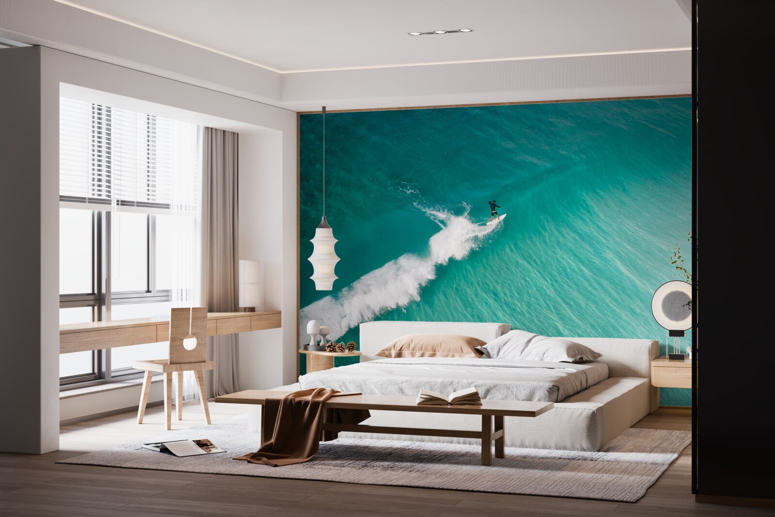 Fotobehang een eenzame surfer in de uitgestrektheid van de oceaan