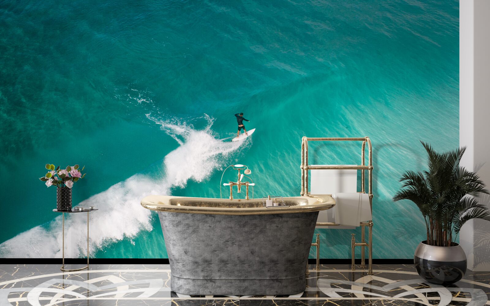 Fotobehang een eenzame surfer in de uitgestrektheid van de oceaan