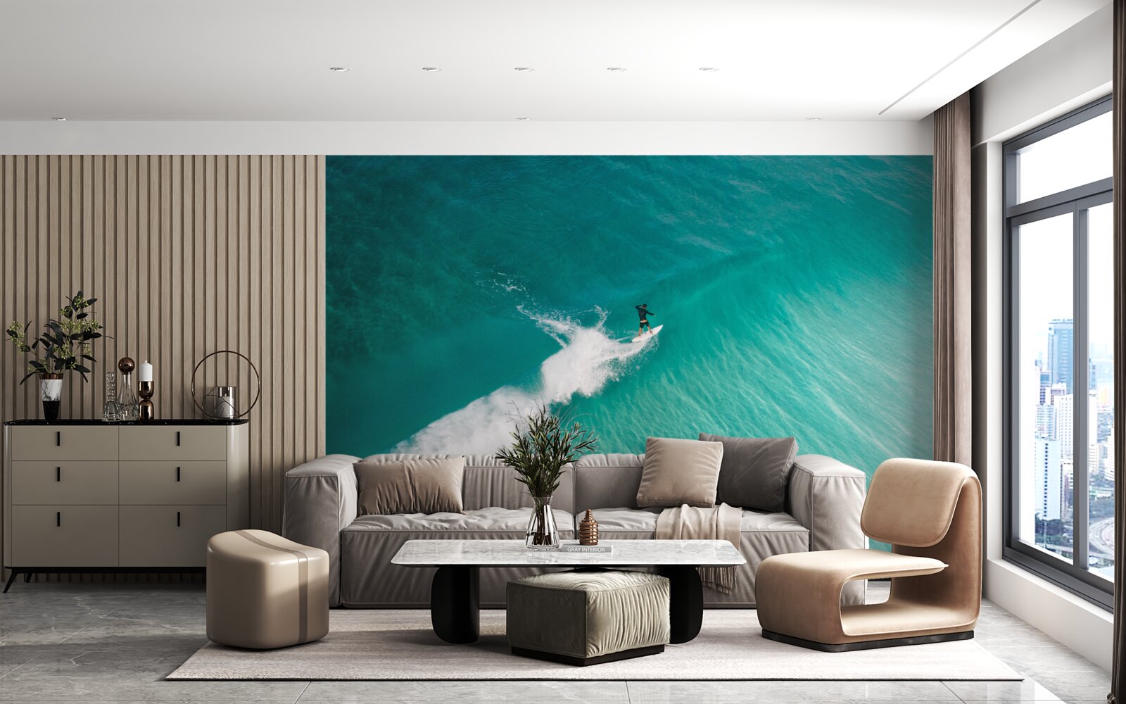 Fotobehang een eenzame surfer in de uitgestrektheid van de oceaan