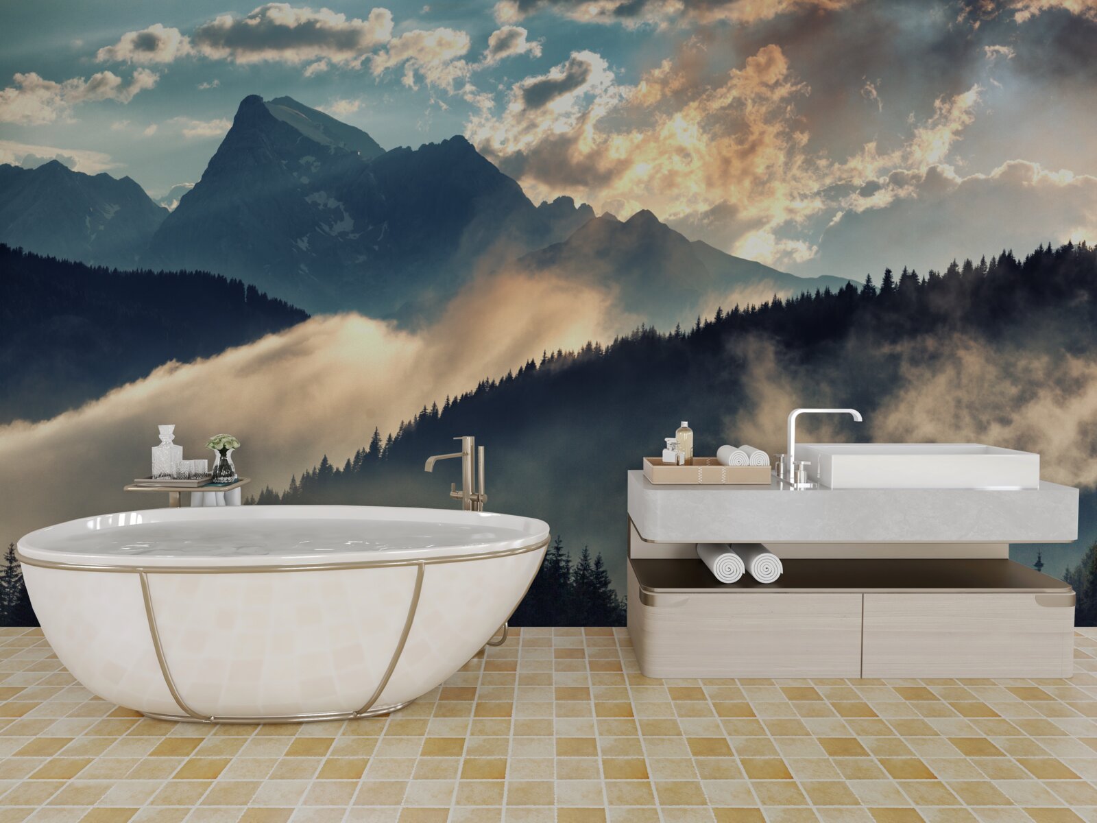 Fotobehang ochtend onder de majestueuze bergtoppen